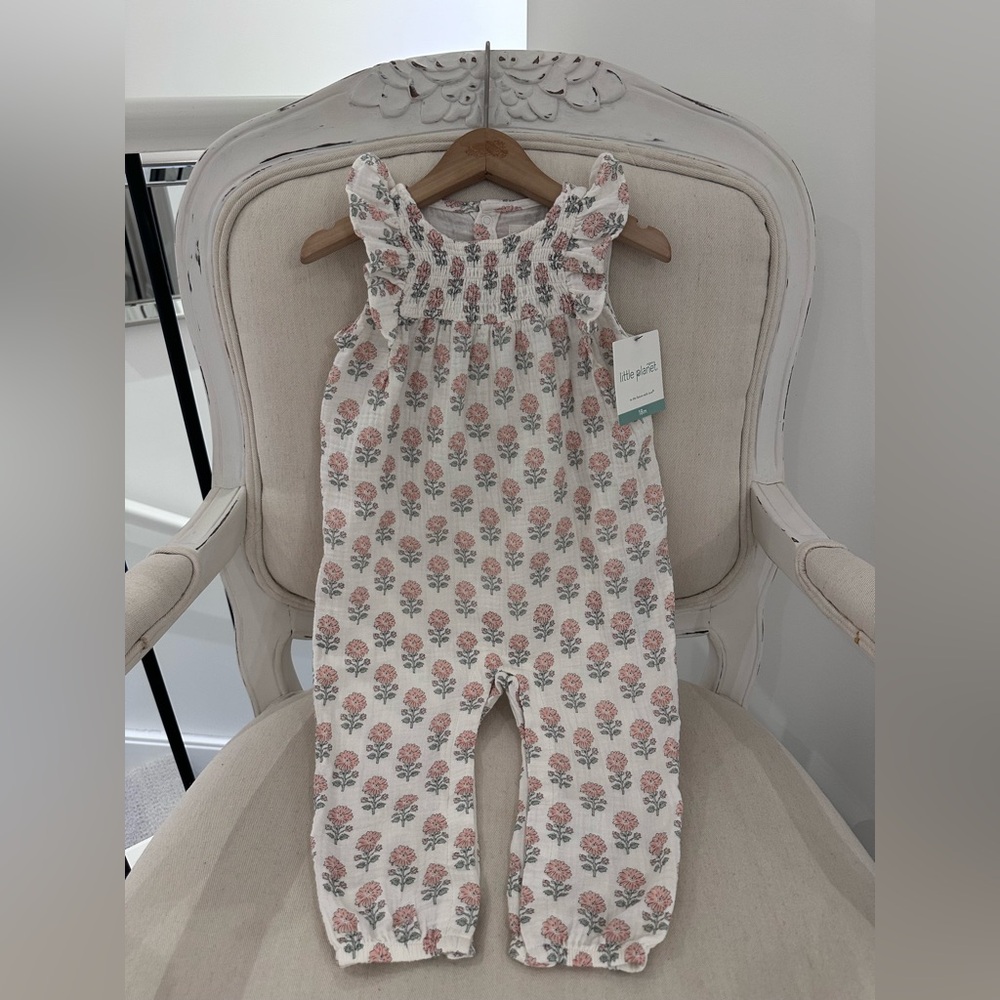 🦢 18 Mth Organic Cotton Little Prairie Floral Smocked Ruffle Romper NWT